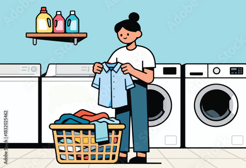 A person at the laundromat holding a shirt, laundry basket in front of washers. Bottles on shelf above