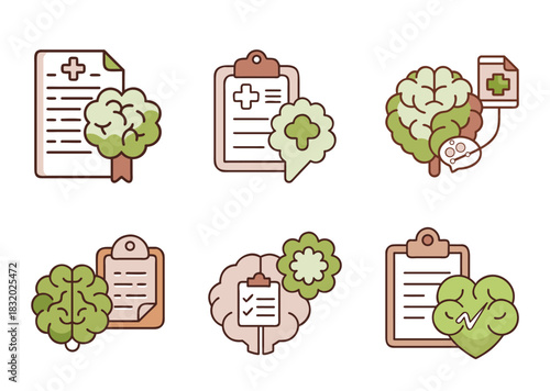 Mental health and brain health related vector icons in a flat style