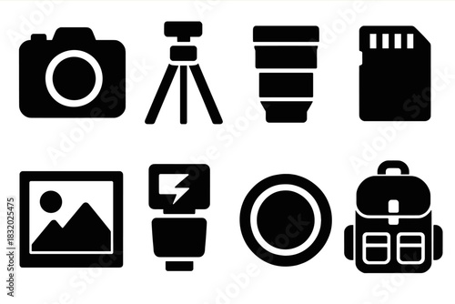 Bold Photography Icons. Photography Concept silhouette icon set. camera, tripod, lens, memory card, photo frame, flash, shutter button, backpack.
