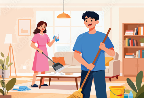 A colorful cartoon scene depicts a couple cleaning their home one sprays, the other sweeps. Furnishings complete the space