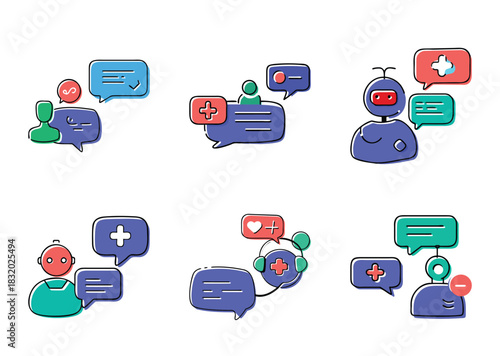 Stylized cartoon graphics depicting human and robot interactions through chat bubbles with positive and negative messaging