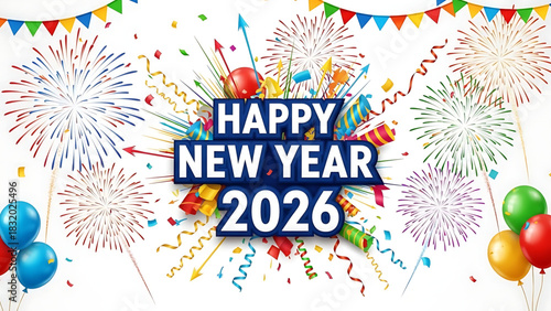 Happy New Year 2026 Celebration with Colorful Fireworks and Festive Elements