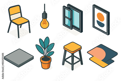 Urban Loft Icons. Urban Minimal Loft flat icons set. metal chair, exposed bulb, open window, framed print, concrete floor, indoor plant, stool, modern rug