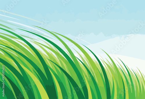 A stylized illustration depicting tall green blades of grass blowing in the wind against a pale blue sky