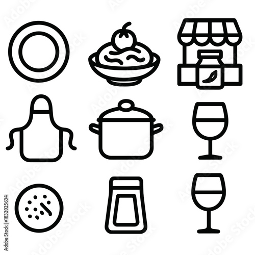 Culinary Icon Set. Culinary Travel linear icon set: plate, fork, local dish, spice jar, street market, apron, cooking pot, wine glass