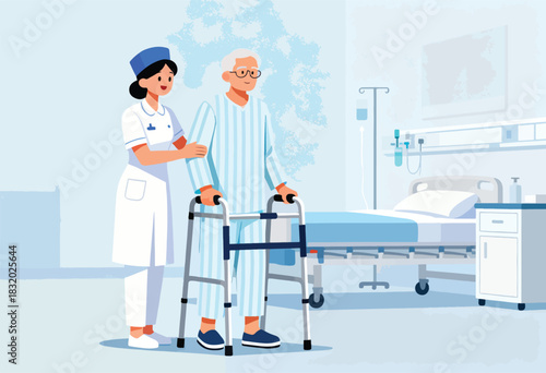 A nurse assists an elderly patient with a walker in a light blue hospital room with a bed and medical equipment