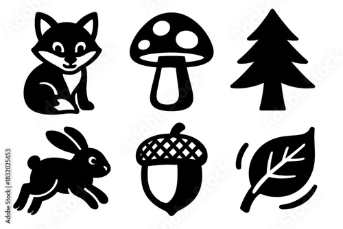Forest Fun Icons. Forest Fun silhouette icon set : fox cub, mushroom, pine tree, hopping rabbit, acorn, fluttering leaf
