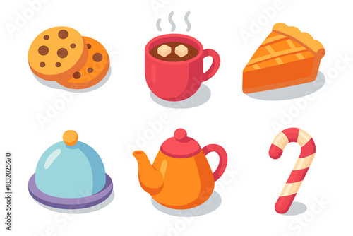 Cozy Treat Icons. Cozy Treats flat icon set: cookies, hot cocoa, pie, serving tray, teapot, candy cane