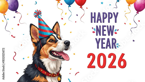Cheerful Corgi Dog Celebrates New Year 2026 with Balloons and Confetti