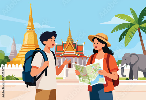 Cartoon tourists exploring a Thai temple, one reads a map, other points while an elephant and palm tree stand nearby