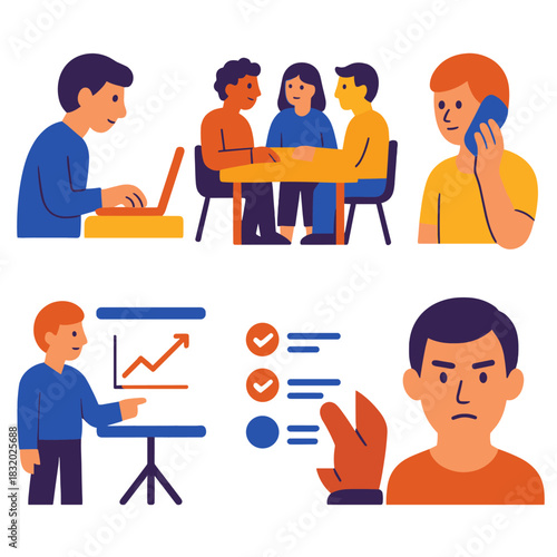 Modern Work Icons. Work Activities Set flat icon set: typing figure, meeting table, phone call icon, presentation board, planning sheet, focused face