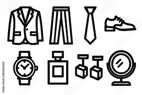 Formal Icon Set. Formal Dressing Set silhouette icon set. blazer, trousers, tie, shoes, watch, perfume, cufflinks, mirror.