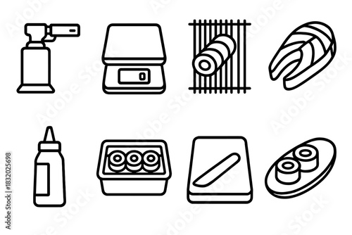 Modern Sushi Icons. Modern Sushi Making linear icon set. sushi torch, digital scale, sushi roller, salmon fillet, sauce bottle, sushi box, cutting board, presentation plate