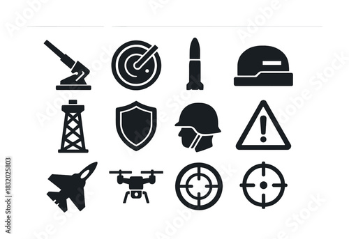 Military icons set including radar, rocket, helmet, fighter jet, drone, crosshair