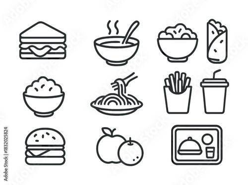 Outline icons of sandwich, soup, rice bowl, burrito, noodles, fries, drink, burger, apples, meal tray