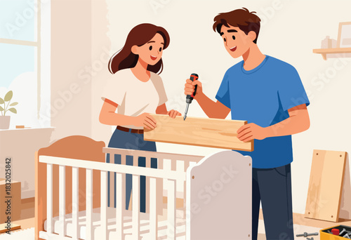 Illustration of a couple assembling a crib. The man is using a screwdriver while the woman holds wood