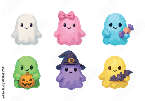 Colorful cute characters with halloween costumes and accessories