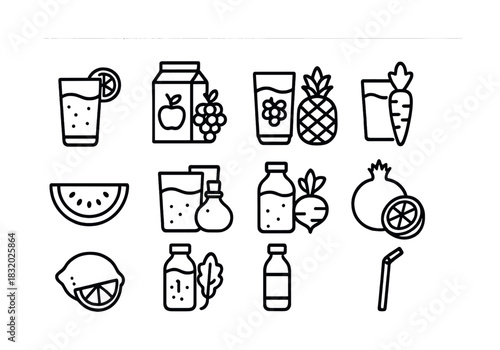 Collection of fruit and vegetable drink icons with varied ingredients