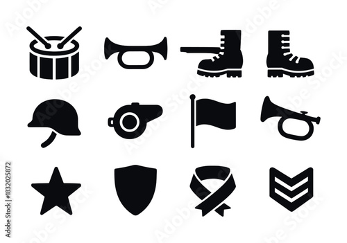 Military icon set: drum, bugle, boots, helmet, whistle, flag, star, shield, ribbon, chevron