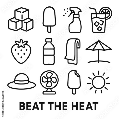 Summer Cooling Icons. Beat the Heat linear icon set: ice cubes, popsicle, mist spray, chilled drink, frozen fruit, water bottle, cold towel, beach shade, straw hat, fan, ice cream