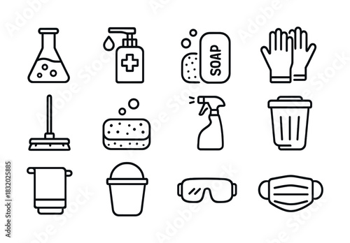 Cleaning and hygiene icons: soap, gloves, disinfectant, trash can, face mask