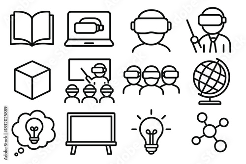 Educational VR Icons. Educational VR Worlds linear icon set: open book, laptop, VR headset, teacher icon, 3D cube, classroom, student group, globe, idea cloud, chalkboard, light