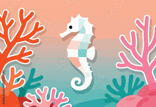 A whimsical illustration showcases a seahorse amidst stylized coral reefs on a watercolor-like gradient background