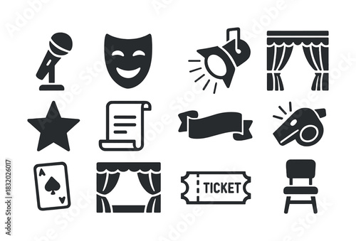 Theater icons: microphone, comedy mask, spotlight, curtains, star, scroll, ribbon, whistle, playing card, ticket, chair
