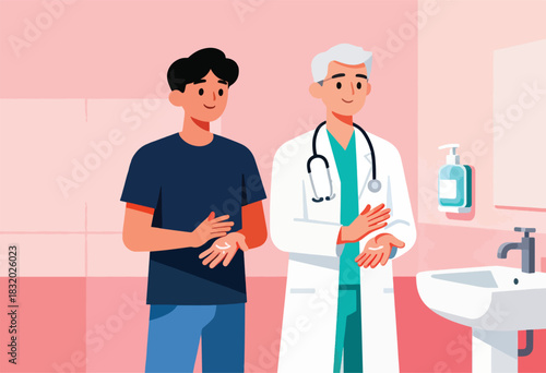Illustration depicts a doctor and a patient standing in a bathroom, both with medication on their hands
