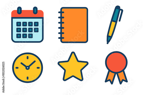 Vibrant Calendar Icons. Calendar Icons set flat icons set. Wall Calendar, Notebook, Pen, Clock, Star, Ribbon.