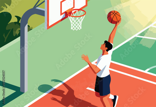 A basketball player shoots, ball in hand, eyes up, under a warm light and a clear sky, on a court