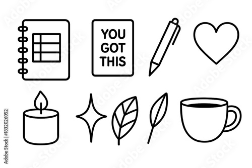 Motivational Icon Set. Motivational Setup linear icon set. planner, quote card, pen, heart, candle, sparkle, leaf, cup