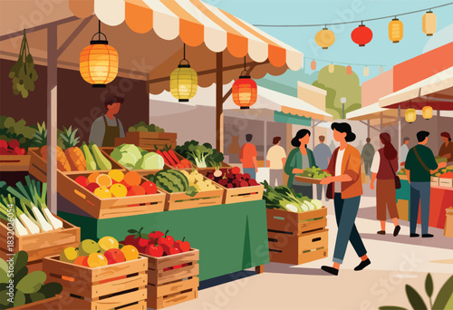 A vibrant illustration depicts a bustling farmer's market scene with stalls filled with produce and people