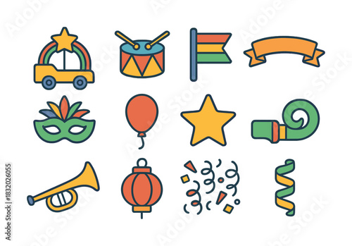 Colorful festive icons including drums, flag, mask, balloon, star, trumpet, lantern, confetti, and streamer