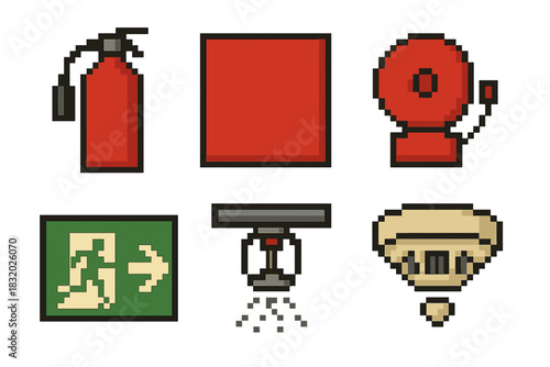 Fire Safety Icons. Fire Safety pixel style icon set: extinguisher, fire blanket, alarm bell, emergency exit sign, sprinkler head, heat sensor
