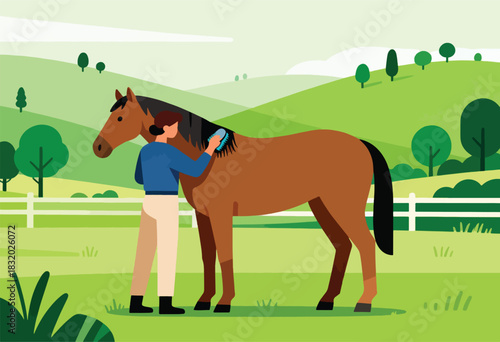 Illustration of a person brushing a brown horse in a green field with trees and a white fence