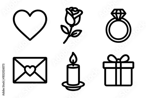 Outline Romantic Icons. Romantic Symbols linear icon set. heart, rose, ring, love letter, candle, gift box