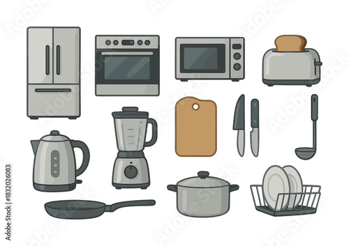 Essential kitchen appliances and utensils set including blender and cookware