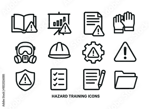 Hazard training icons: safety gear, charts, documents, checklists, warnings