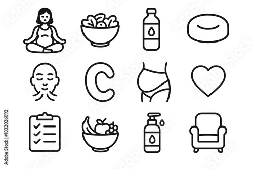 Pregnant Wellness Icons. Pregnant Wellness linear icon set: yoga pose, healthy meal bowl, water bottle, soft cushion, calm breath icon, maternity pillow, support band, gentle heart