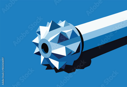 A stylized abstract illustration depicting a geometric tool with a cog-like head and a cylindrical body