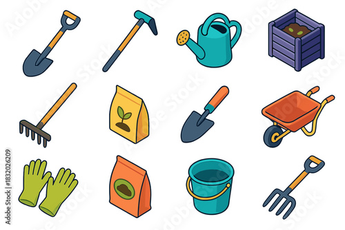 Sustainable Farming Icons. Sustainable farming tools flat icons set. shovel, hoe, watering can, compost bin, rake, seed packet, trowel, wheelbarrow, gloves, soil bag, bucket