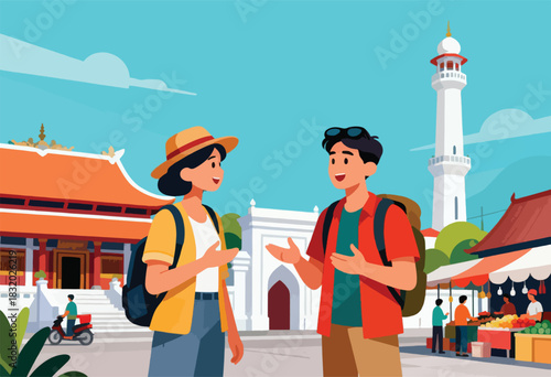 Illustration of two tourists talking, exploring a cultural site with temple, market, and a tall white tower