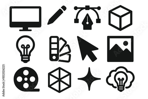 Brutalist Design Icons. Digital Creativity silhouette icon set. computer screen, stylus pen, vector tool, 3D cube, light bulb, color palette, cursor, photo frame, video reel