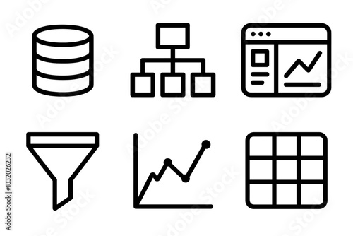 Organized Data Icons. Knowledge Systems Set linear icon set: database tower, taxonomy tree, dashboard panel, filter icon, analytics graph, structured grid