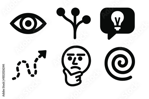 Brutalist Icon Exploration. Curious Mind Set silhouette icon set: eye symbol, branching idea, insight bubble, dotted path, pondering face, exploration swirl