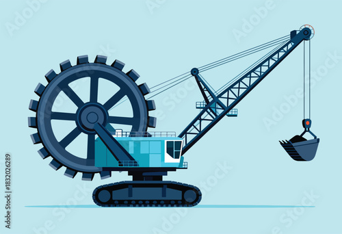 An illustrative depiction of an excavator with a large wheel, crane, and bucket on a blue background