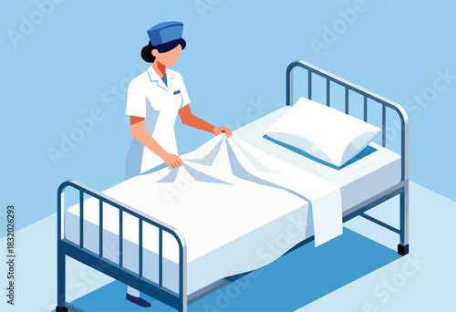 A cartoon nurse, in a white uniform, adjusts the white bedding on a hospital bed in a minimalist design