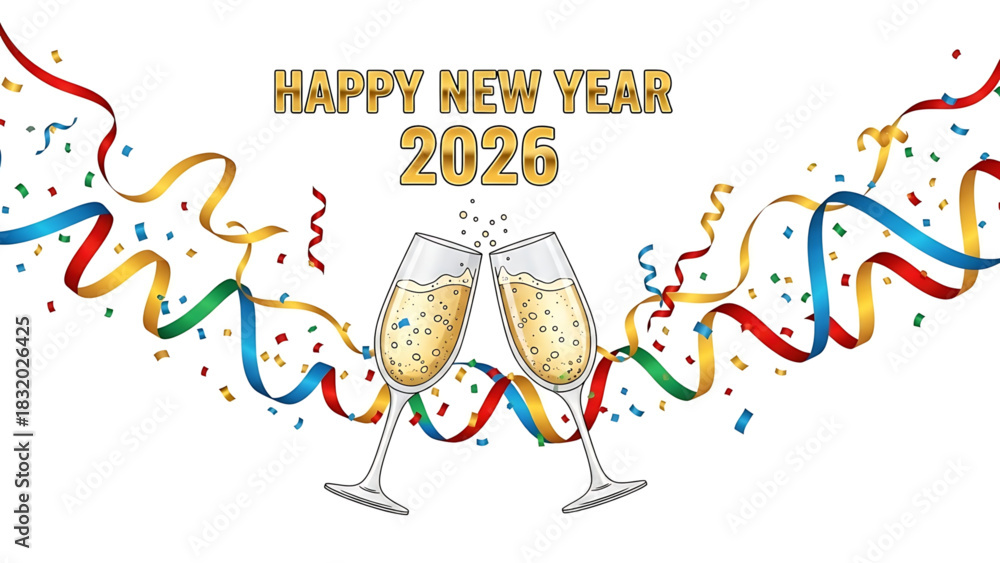 Fototapeta premium Celebrating New Year 2026 with champagne and colorful confetti streamers.