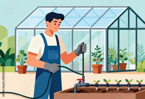 Illustration depicts a person in overalls tending a garden with drip irrigation near a greenhouse